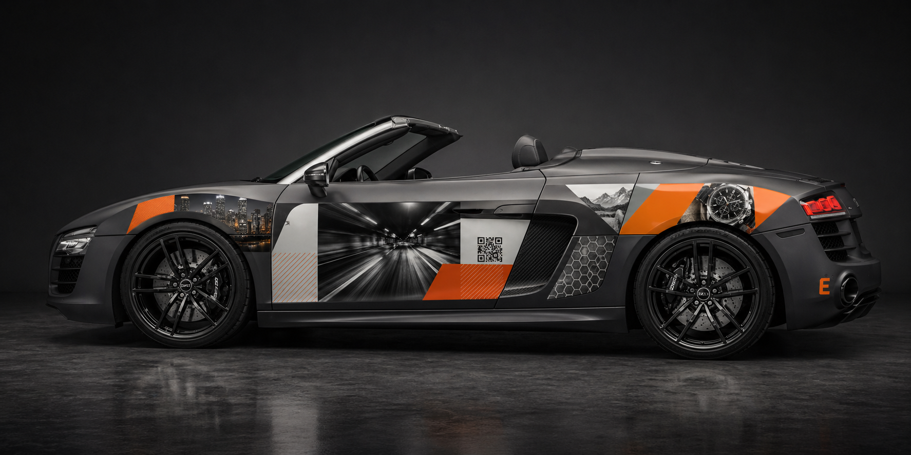 2011 Audi R8 Spyder matte grey advertiser wrap side view